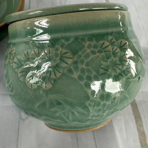 Vintage Celadon Porcelain 3 Piece Tea Infuser Strainer Cup Set Deer Floral - Picture 12 of 13